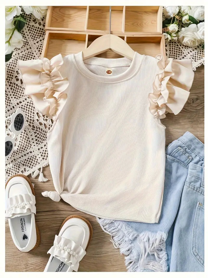 T-shirt fille rose sans manches à volants – Haut léger et élégant pour l’été