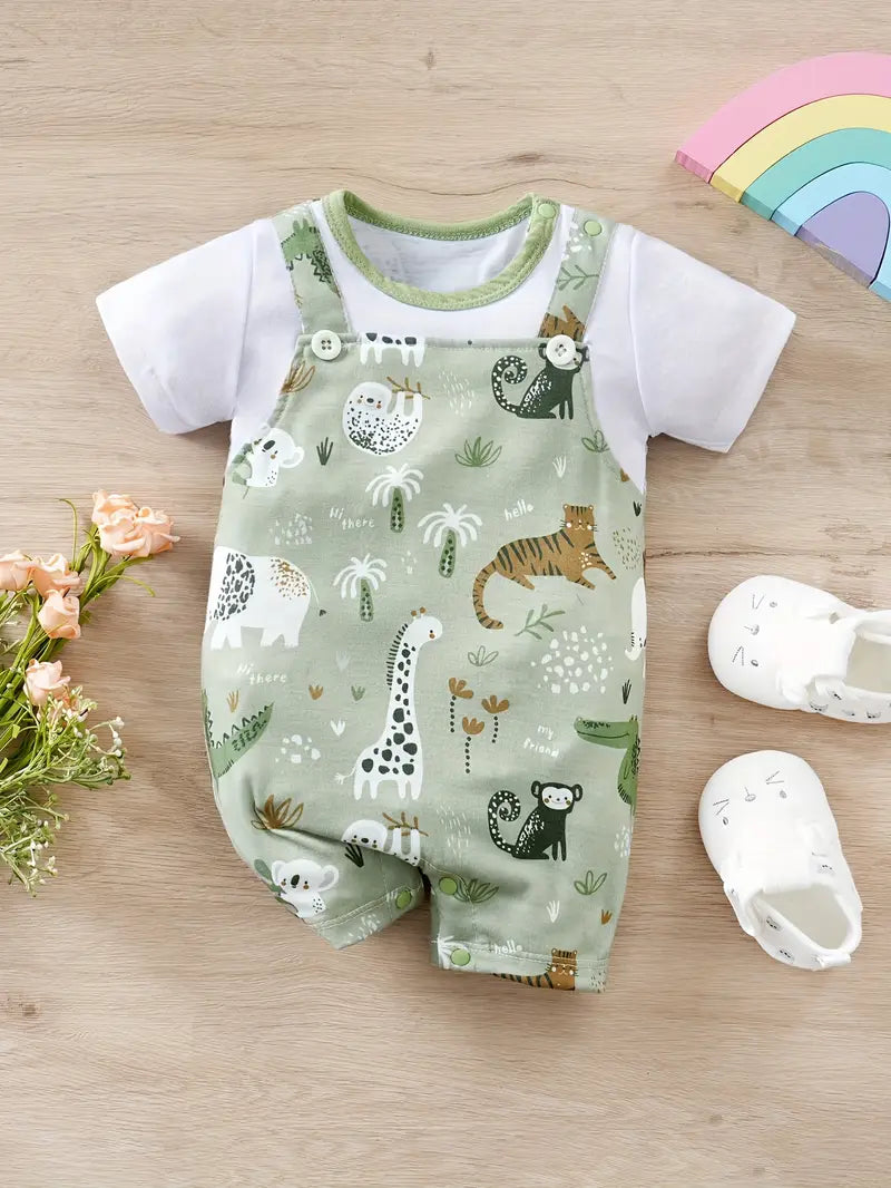 Body Bébé Salopette Dinosaure avec T-Shirt Blanc – Ensemble Été Confortable et Original