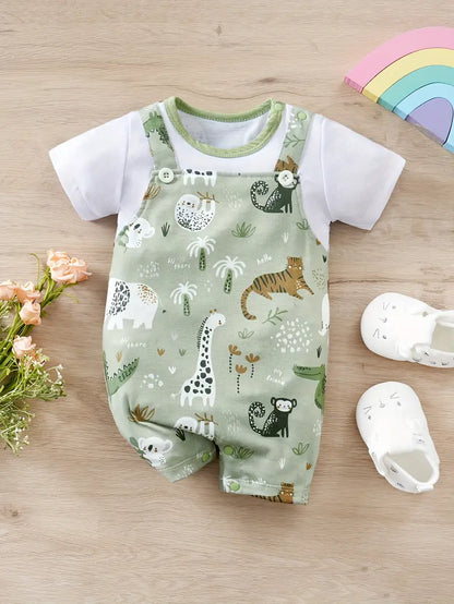 Body Bébé Salopette Dinosaure avec T-Shirt Blanc – Ensemble Été Confortable et Original
