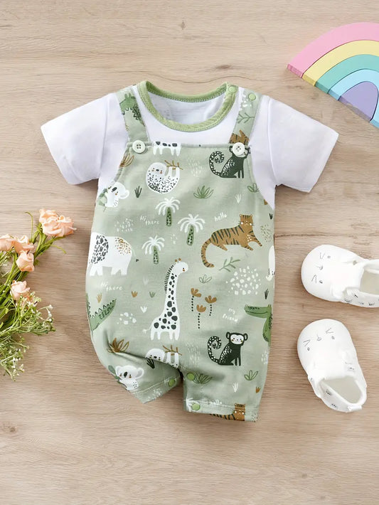 Body Bébé Salopette Dinosaure avec T-Shirt Blanc – Ensemble Été Confortable et Original