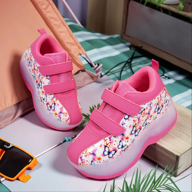 Chaussures de sport fille – Baskets roses à scratch avec imprimé papillons légères et tendance