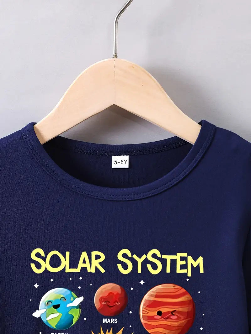 T-shirt garçon bleu Solar System – Haut éducatif avec planètes du système solaire