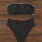 Bikini bandeau texturé – Maillot 2 pièces taille haute avec détails festonnés blancs