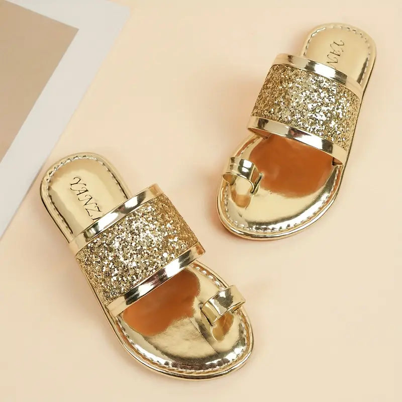 Sandales fille dorées à paillettes – Tongs élégantes et brillantes pour l’été et les occasions spéciales