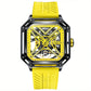 Montre homme squelette automatique – Design carré sport en acier inoxydable et bracelet silicone bleu