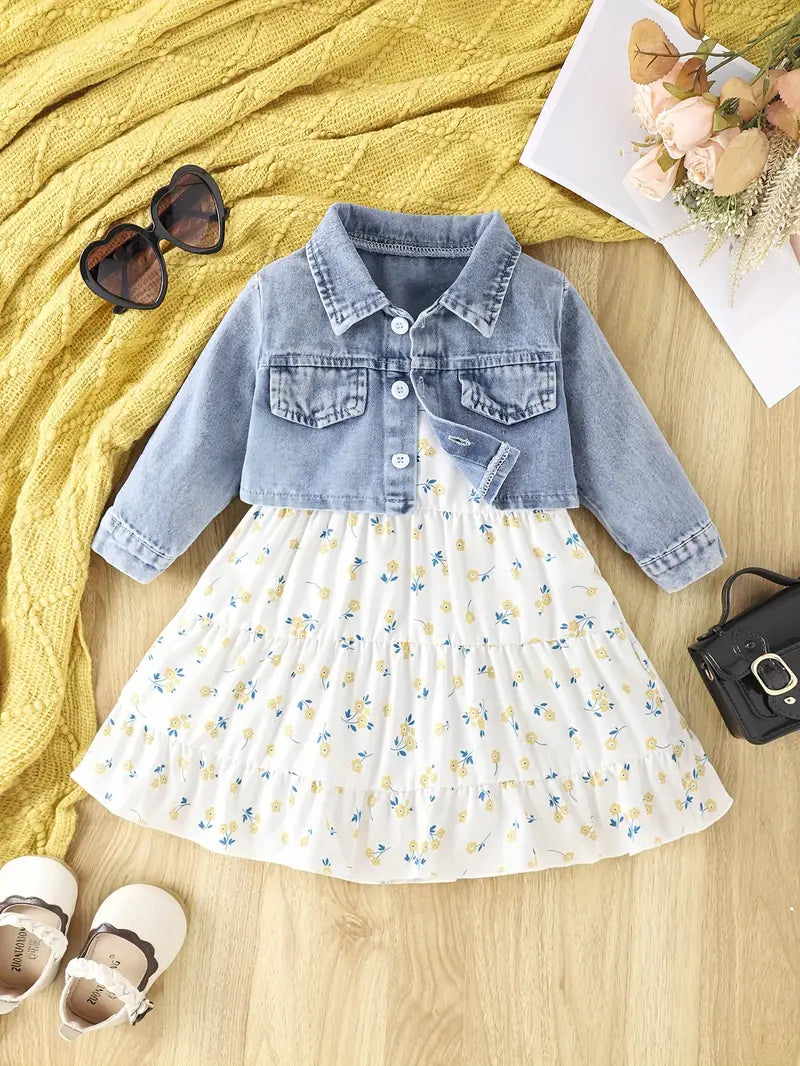 Robe Bébé Fille à Fleurs avec Haut en Jean – Tenue Printemps Été Élégante