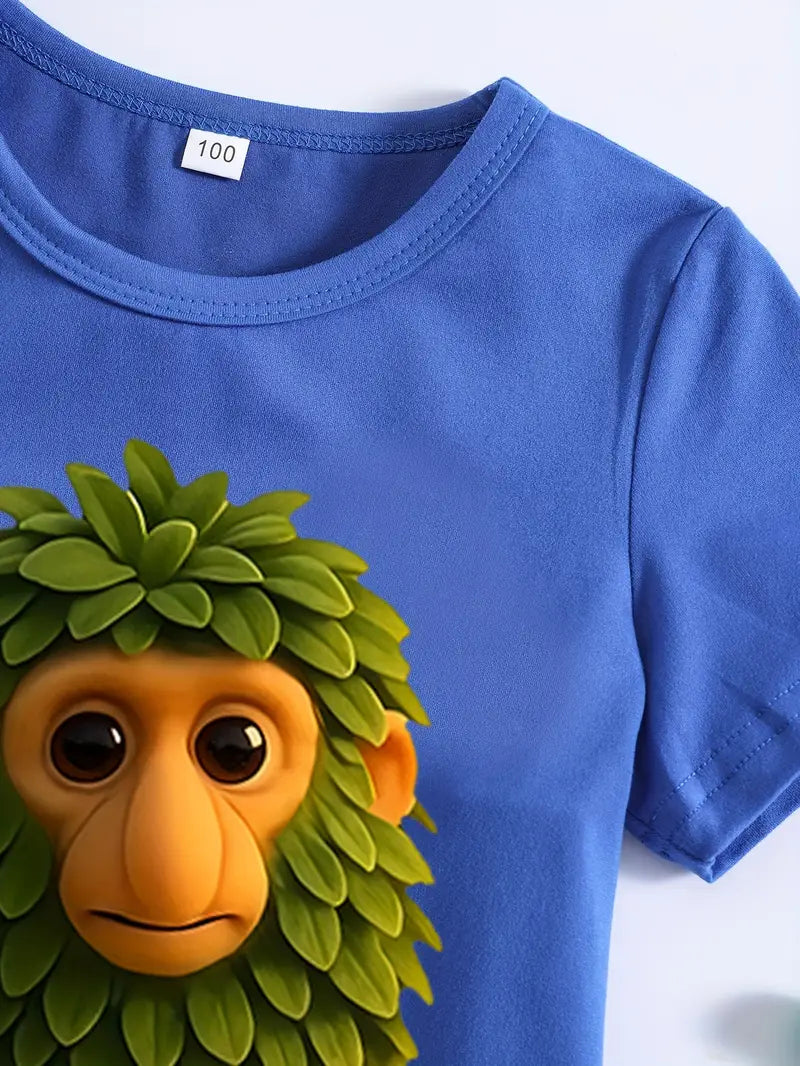T-shirt Garçon Bleu avec Motif Dessin Animé Drôle – Haut Enfant Confortable et Original