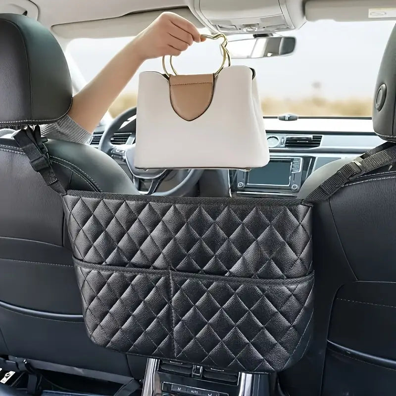 Organisateur de Voiture en Cuir – Filet de Rangement entre Sièges pour Sac à Main et Accessoires