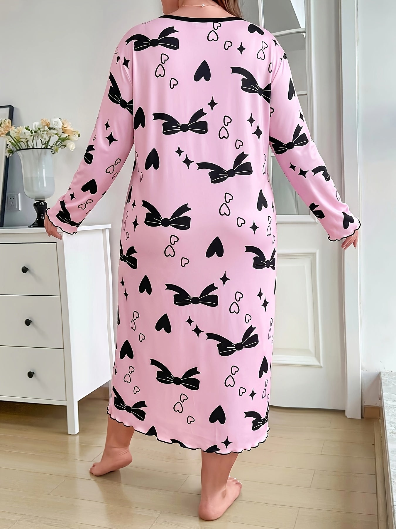 Chemise de Nuit à Manches Longues Automne/Hiver avec Imprimé Nœud Rose