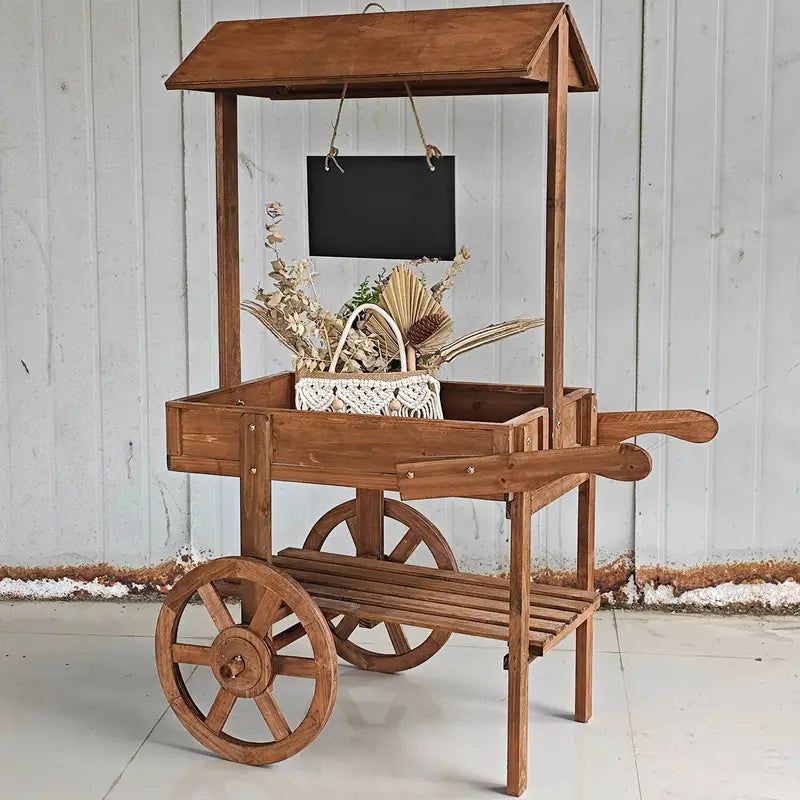 Chariot porte-fleurs en bois avec toit  Décoration extérieure élégante pour jardin, terrasse ou balcon