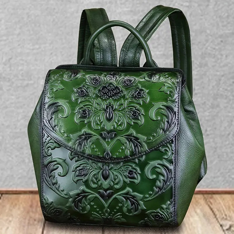 Sac à dos femme en cuir marron gravé – Élégant, vintage et artisanal