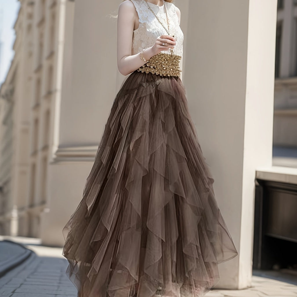 Jupe Tutu à Volants – Taille Élastique & Superposition de Tulle, coloris Café