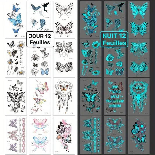Tatouages Éphémères Papillons Jour & Nuit – 12 Feuilles Fluorescentes et Colorées pour Peau, Bras et Dos