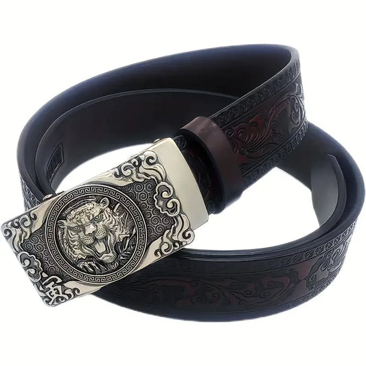 Ceinture homme en cuir noir avec boucle automatique dorée lion – Style luxe et détails gravés