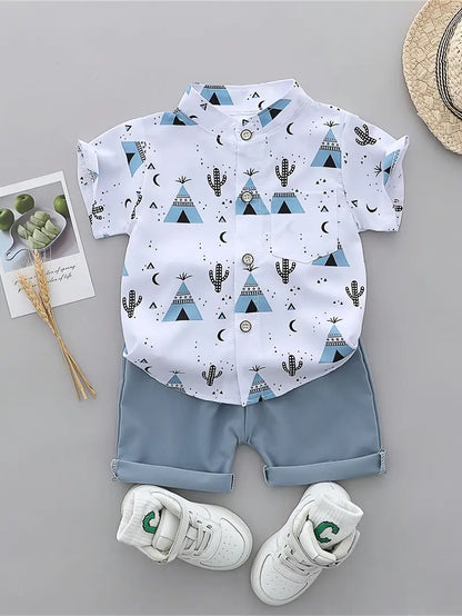 Chemise garçon à motifs cactus et tipis avec short rose, coloris Bleu