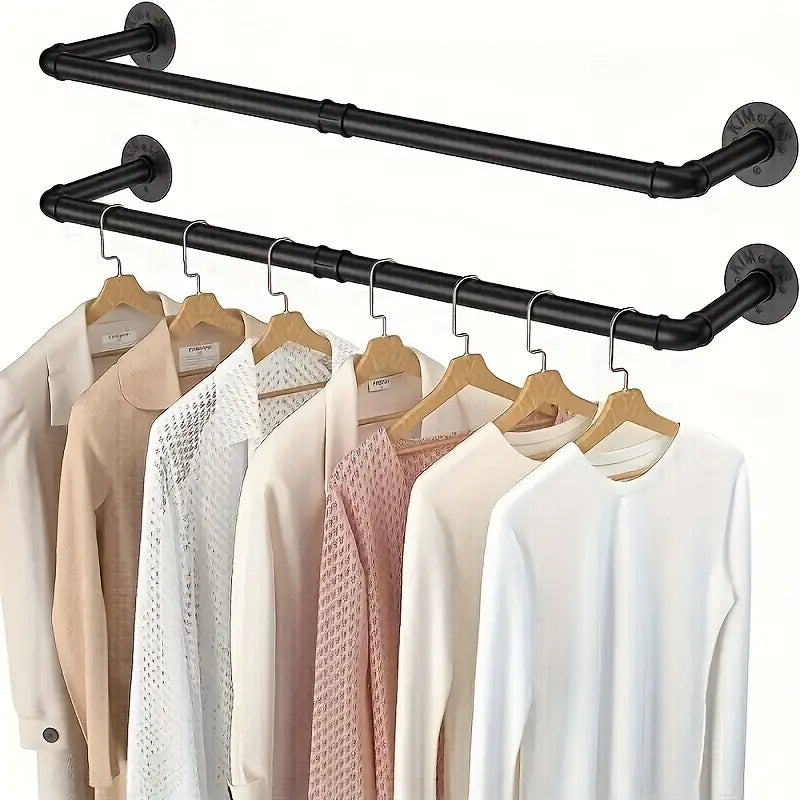 Portant Mural Industriel en Métal Noir – Barre de Suspension pour Vêtements et Présentoir Boutique