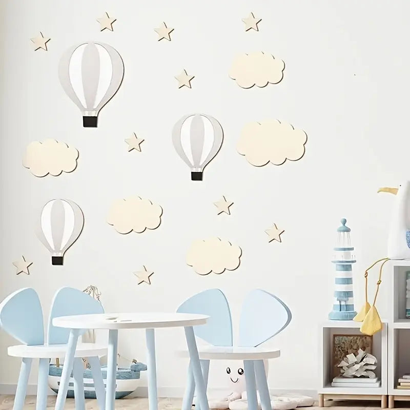 Stickers Muraux Montgolfières et Étoiles – Décoration Adhésive pour Salle de Classe ou Chambre d’Enfant