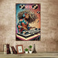 Affiche Métal DJ Afro-Japonaise en Kimono – Déco Murale Vintage Studio & Musique