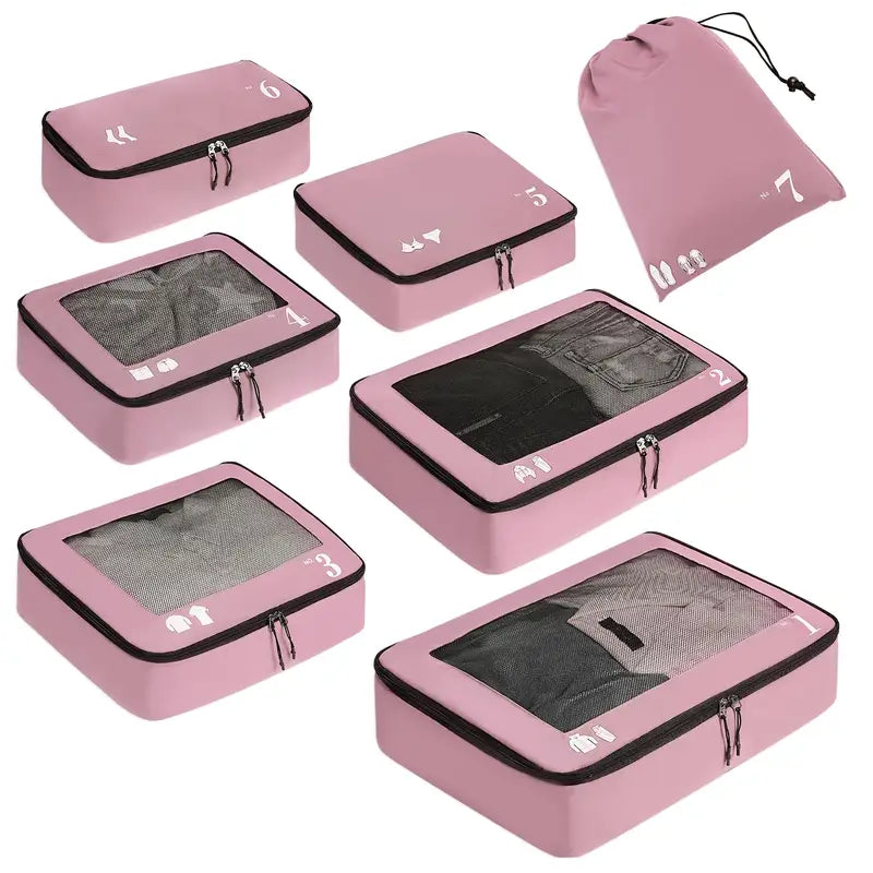 Set de 7 Organisateurs de Valise – Pochettes de Rangement Voyage Étanches pour Vêtements, Chaussures et Accessoires