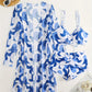Ensemble de plage 3 pièces femme – Short taille haute, top à nouer et kimono imprimé bleu