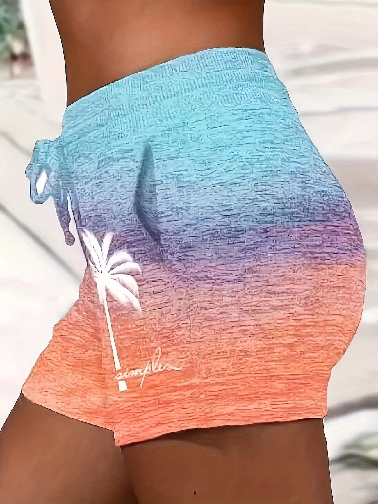 Short de Plage Femme Dégradé Sunset – Taille Élastique, Palmier & Message "Live Simply"