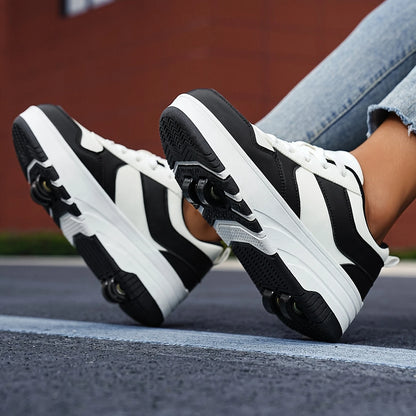 Chaussures à Roulettes Enfant – Baskets à Roues Rétractables Rose et Noir, Sport, Glisse et Fun au Quotidien