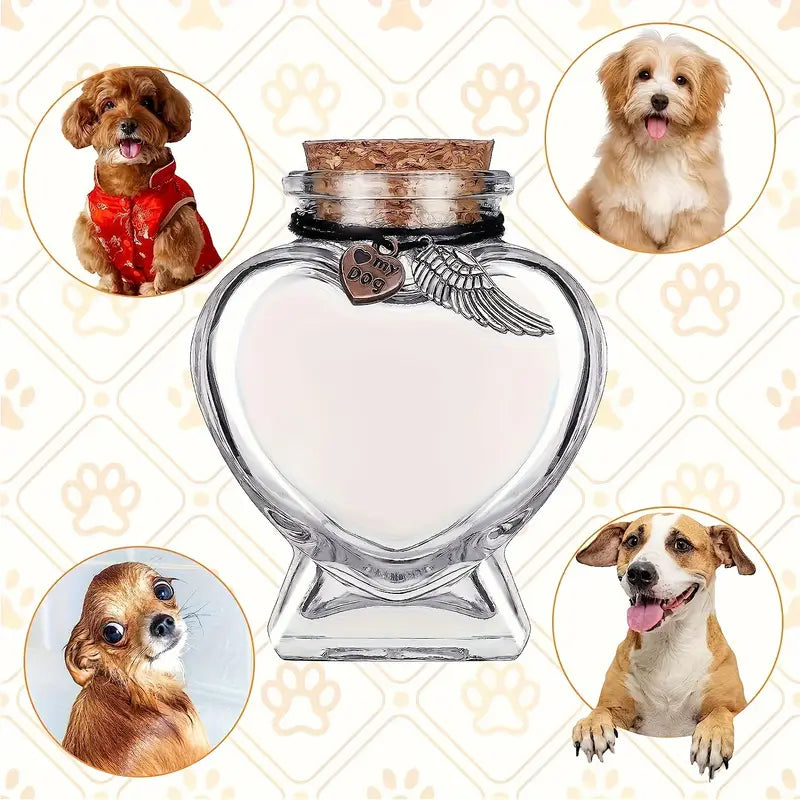 Bouteille Souvenir en Verre en Forme de Cœur – Urne Commémorative pour Poils ou Cendres d’Animal – Pendentifs Aile & 'My Cat