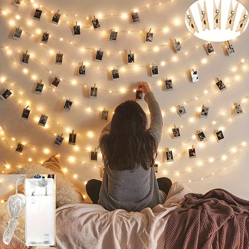 Guirlande lumineuse à pinces bois – Décoration murale photo chaleureuse et naturelle