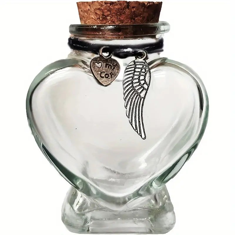 Urne Cœur en Verre pour Cendres de Chat – Souvenir Funéraire avec Charms Ailes d’Ange et 'I ♥ my Cat