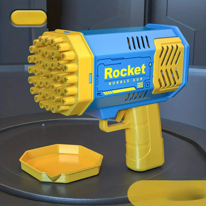 Pistolet à Bulles Électrique Rocket – 40 Trous, Lumières LED, Design Rose et Jaune – Jouet Amusant pour Enfants & Fêtes