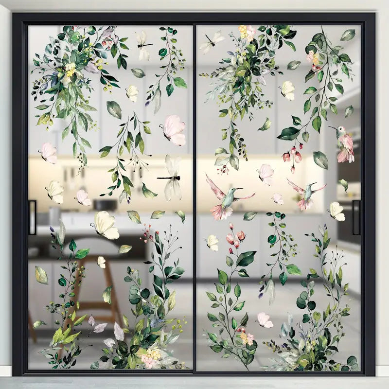 Stickers Électrostatiques pour Fenêtres – Motif Nature Feuillage et Colibris | Décoration Apaisante pour Classe