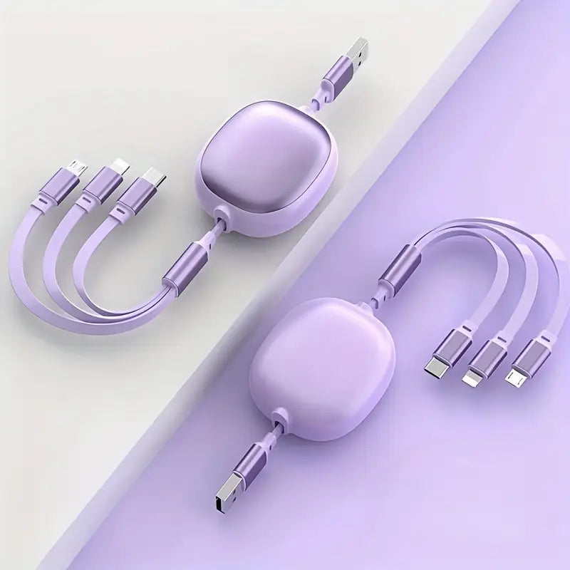 Câble de Charge 4-en-1 Universel Rétractable – USB vers Type-C, Micro USB et Lightning – Design Compact et Élégant
