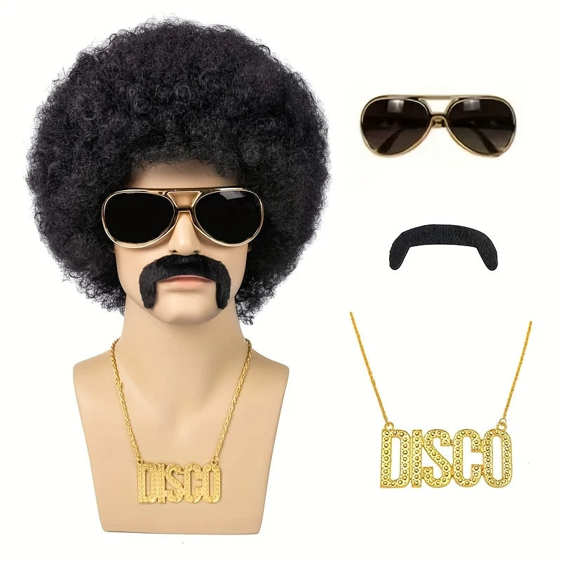 Kit Perruque Homme Disco Années 70 – Afro Bouclé Blond/Noir, Lunettes, Moustache & Collier Doré
