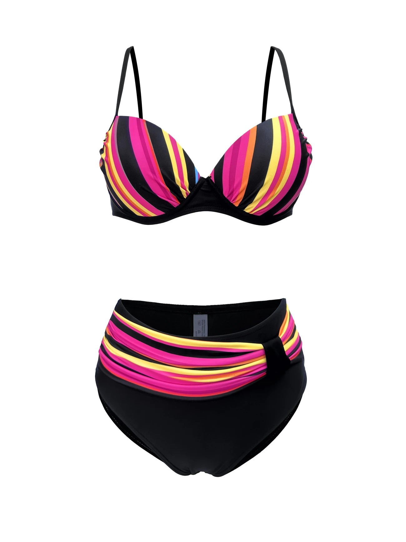 Bas de bikini taille haute gainant – Rayures multicolores et ceinture effet ventre plat pour silhouette affinée
