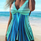Tankini bleu à effet plissé graphique – Maillot deux pièces gainant avec short intégré