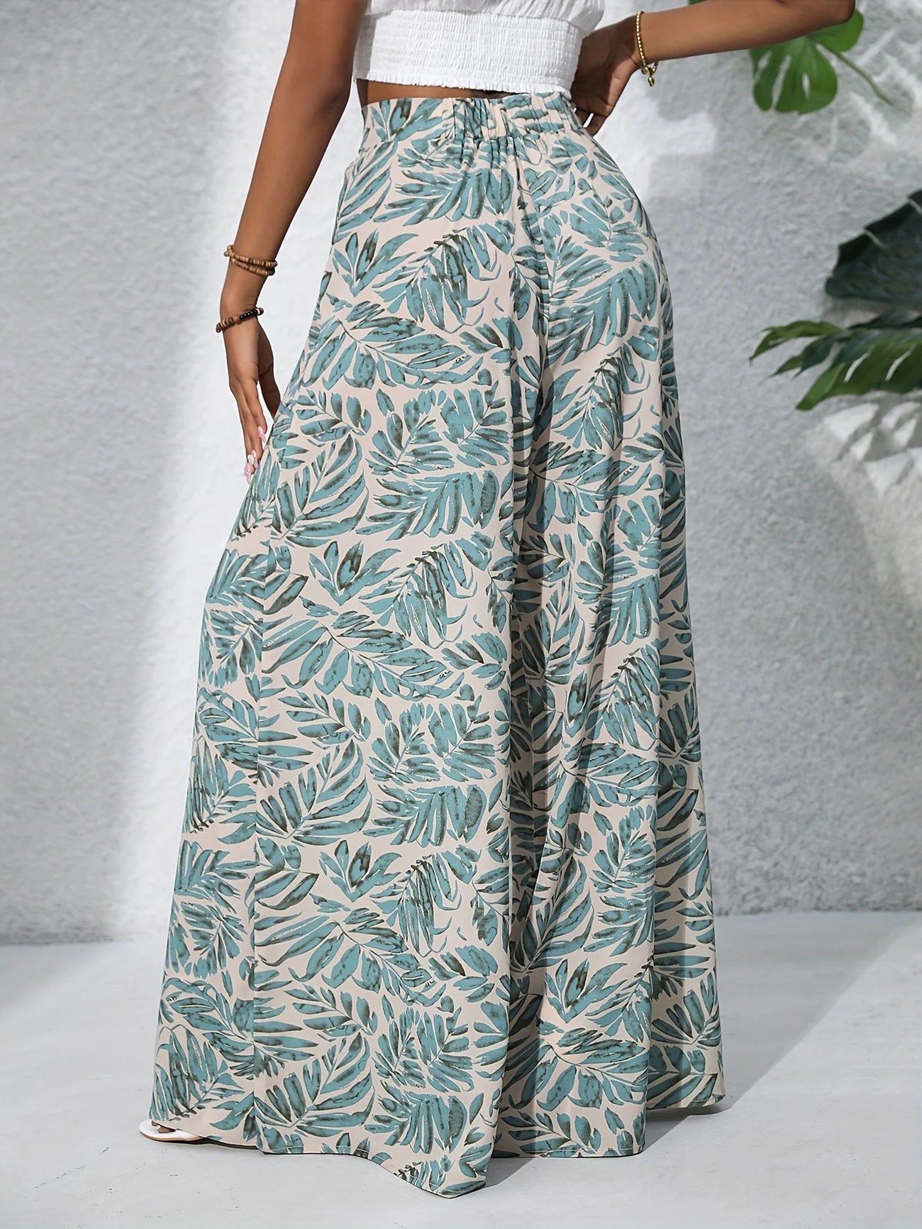 Pantalon fluide imprimé feuilles tropicales – Taille haute et coupe large ultra confortable
