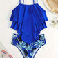 Bikini deux pièces bleu royal – Haut à volants asymétriques & culotte imprimée tropicale