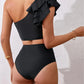 Bikini vert/noir asymétrique avec volant – Haut une épaule élégant et culotte taille haute nouée
