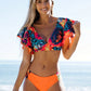 Bikini 2 pièces tropical avec manches à volants – Haut crop à décolleté plongeant et culotte taille moyenne