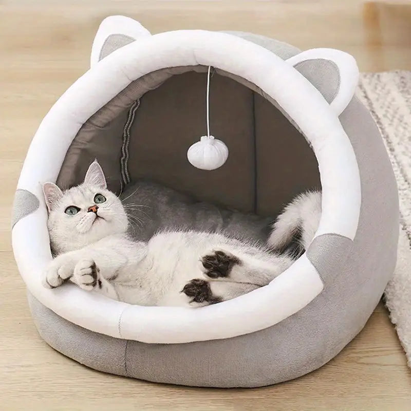 Panier Igloo pour Chat avec Oreilles – Lit Douillet Fermé avec Jouet Suspendu, Confort et Intimité