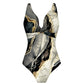 Ensemble de Plage Femme – Maillot de Bain Élégant avec Jupe Pareo Imprimé Marbre Noir, Blanc et Or