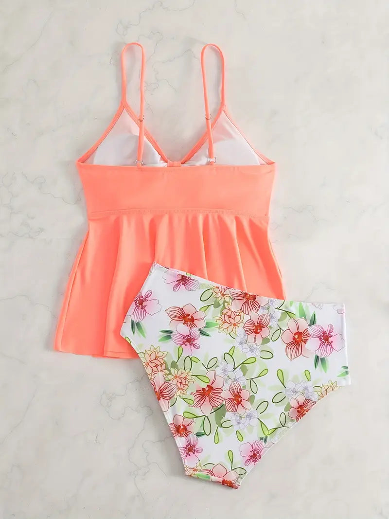 Bikini tankini à volants – Haut à bretelles corail et culotte taille haute à fleurs
