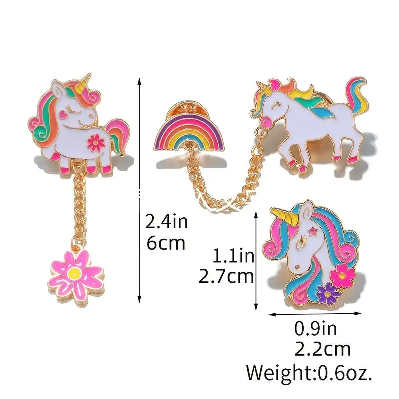 Broches Enfant Licorne et Arc-en-Ciel – Boutons Fantaisie Colorés avec Chaîne et Fleurs