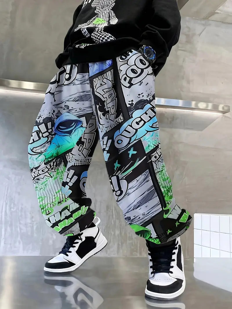Pantalon Garçon Streetwear Imprimé Comics – Pantalons Enfant Mode Décontractée et Tendance Hip-Hop