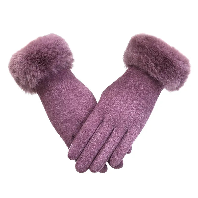 Gants femme élégants en laine violet avec poignet en fausse fourrure – Accessoire chaud et chic pour l’hiver