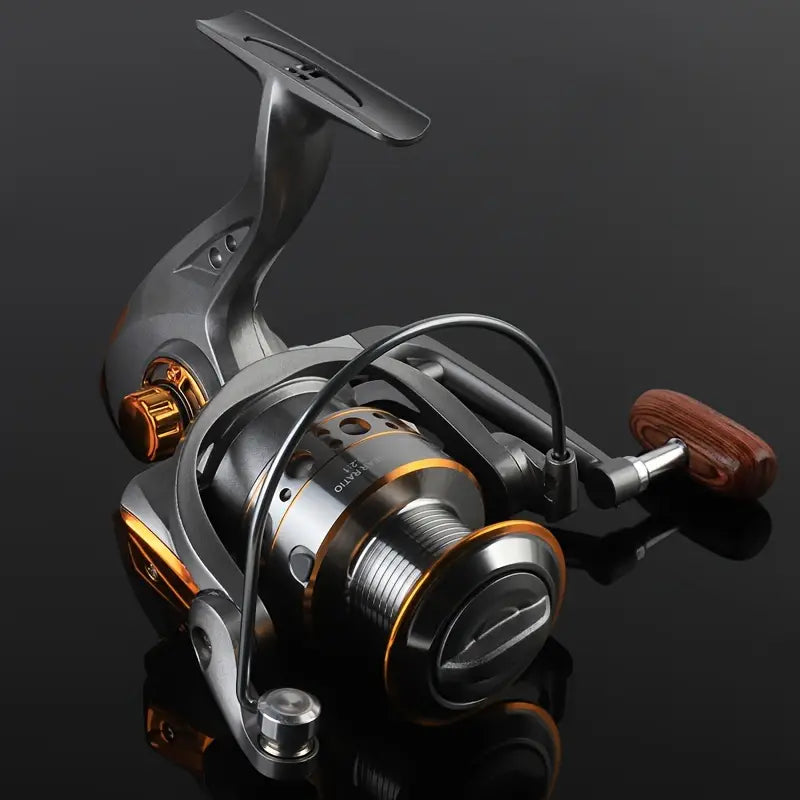 Moulinet de pêche 5000 – Bobine métallique robuste avec manivelle en bois pour eau douce et salée