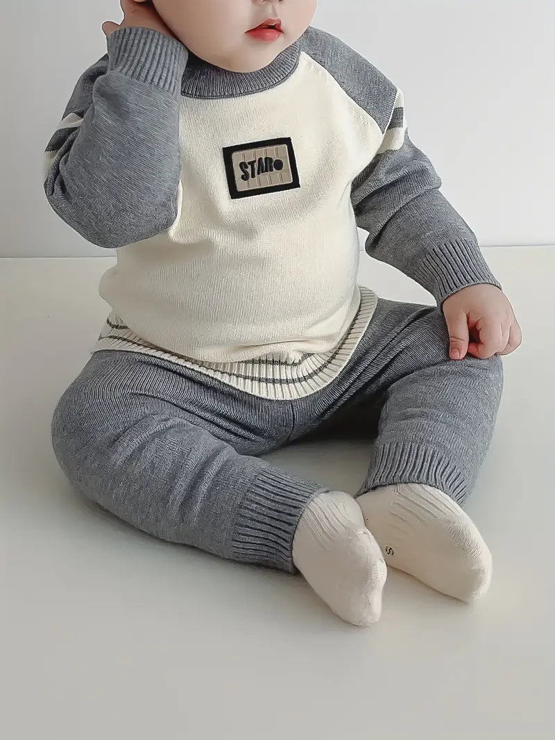 Ensemble Bébé Garçon Hiver en Tricot – Tenue Chaude 2 Pièces Pull et Pantalon Gris