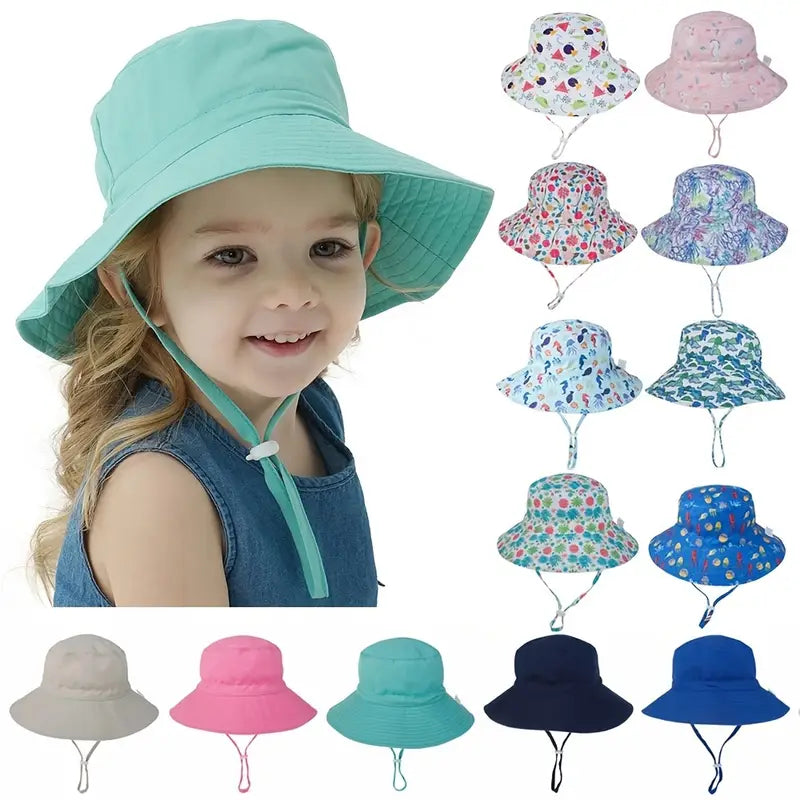 Chapeau de soleil enfant avec cordon – Protection anti-UV, motifs colorés et unis pour filles et garçons
