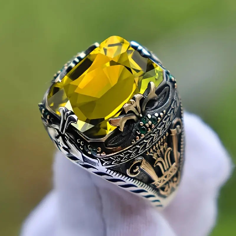 Bague homme vintage en argent avec pierre précieuse jaune – Bijou massif et élégant