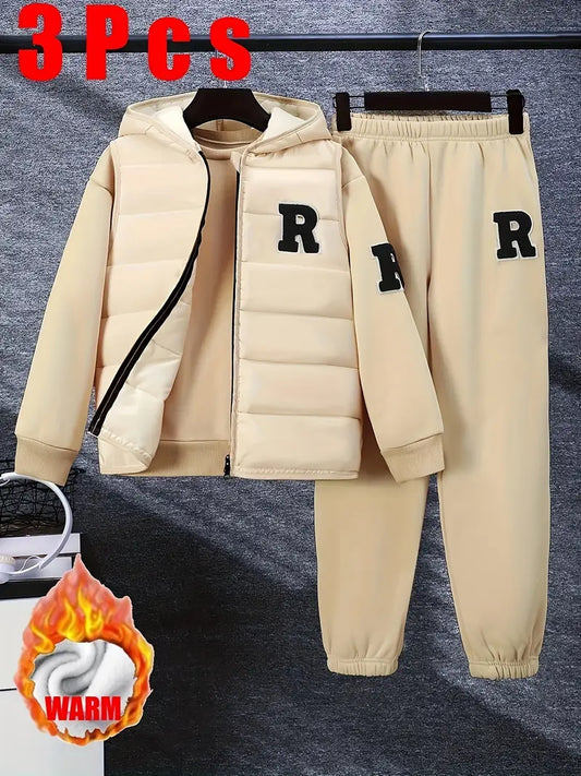 Ensemble Garçon 3 Pièces Chaud – Veste Matelassée, Sweat et Pantalon Sport Beige